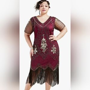 BABEYOND Plus Size 1920s Art Deco Fringed Sequin Dress